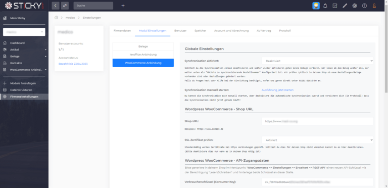 WooCommerce Anbindung - Firmeneinstellungen