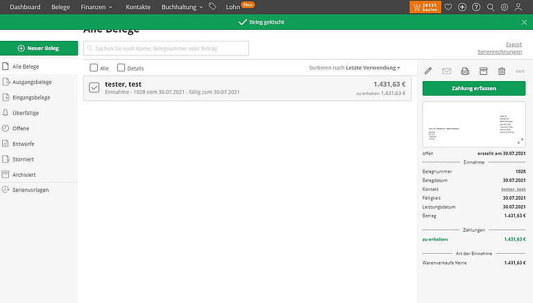 Alle Belege verwalten im Shopsy