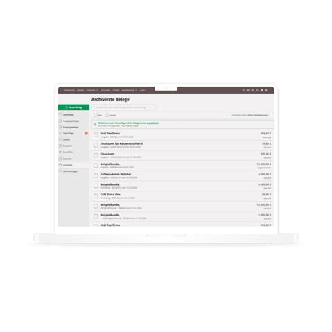 Screen von xelware Office: &Uuml;bersicht der GoBD-konform archivierten Belege
