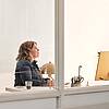 Bild von xelware: Sicht von au&szlig;en durchs Fenster auf eine Unternehmerin am Schreibtisch vorm Bildschirm