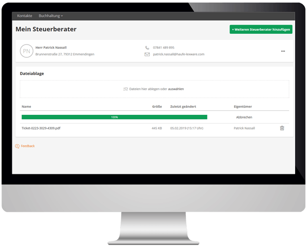 Bildschirm mit "Mein Steuerberater"-Bereich von xelware Office Offene posten 4