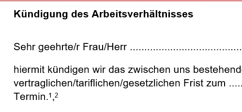 Dokumentausschnitt: Ordentliche Kündigung Kündigungstext